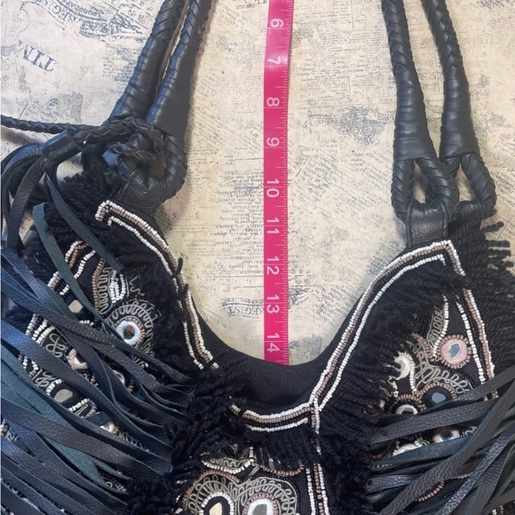 Anthropologie IbBAN LTR Emb. Beaded Fringe Black Linen Bohemian Bag - Picture 14 of 14